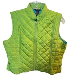 Beliza Women’s Lime Green Quilted Zip Vest Contrast Aqua Lining Petite PL